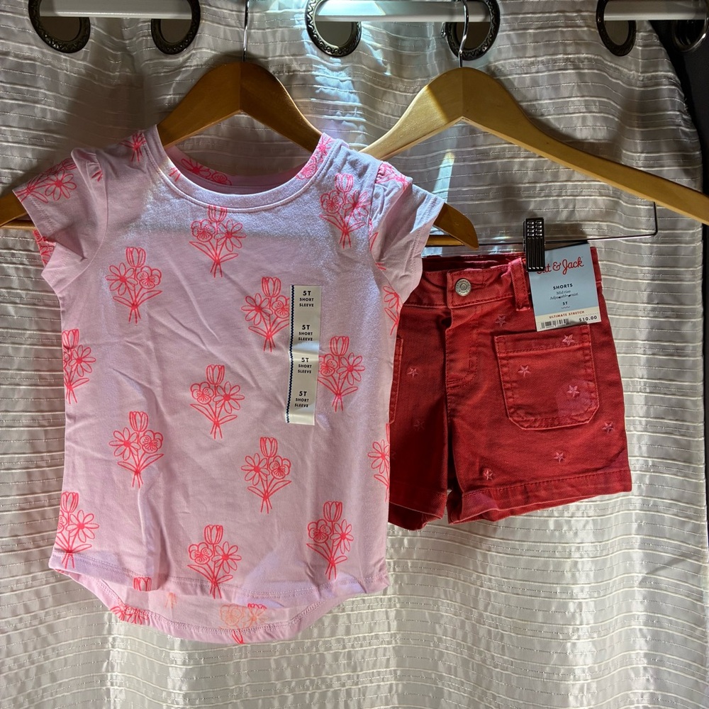 Cat & Jack Pink Floral Tee and Red Shorts Set